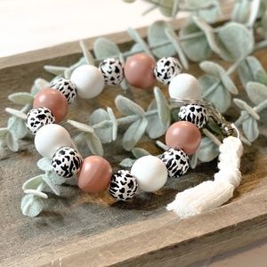 Mole Hill Uniques Cow Print Bangle Keychain, Handmade, Wood Beads
